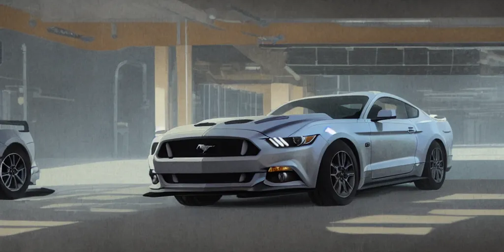 Image similar to a wholesome animation key shot of a focused ford mustang car parked in an multi-storey car park, medium shot, waist up, studio Ghibli, Pixar and Disney animation, sharp, very detailed, high resolution, Rendered in Unreal Engine 5, anime key art by Greg Rutkowski, Bloom, dramatic lighting