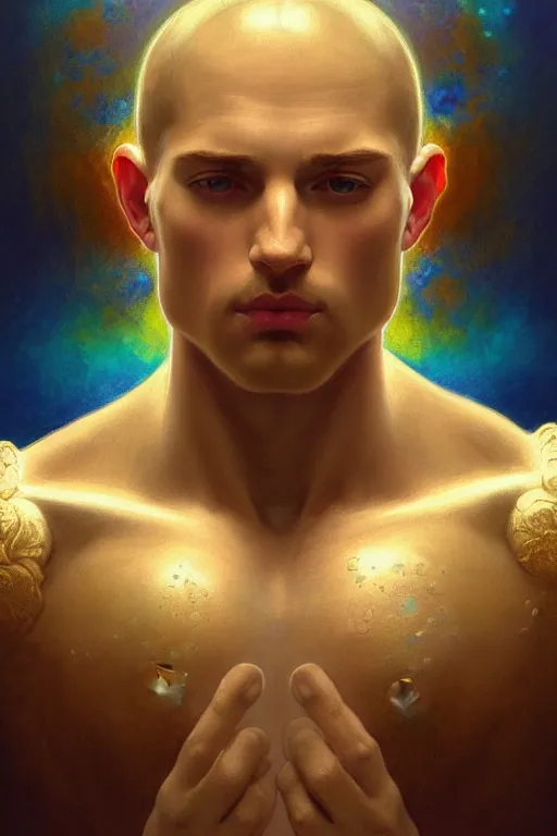 Image similar to bust of a man , strong boy, gradient rainbow, dreamy and ethereal, blue eyes, golden ratio, peaceful expression, ornate frilly dress, fantasy, intricate, elegant, rainbow bubbles, highly detailed, digital painting, artstation, concept art, smooth,b sharp focus, illustration, art by artgerm and greg rutkowski and alphonse mucha