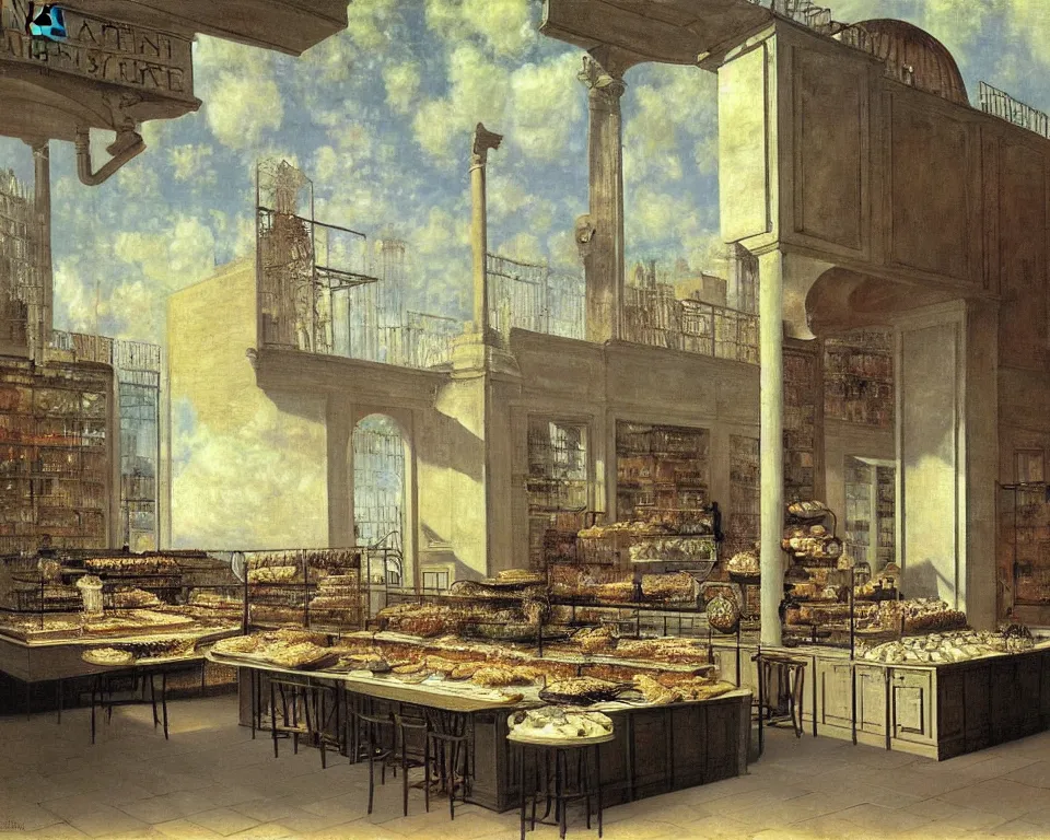 Image similar to achingly beautiful painting of a sophisticated, well - decorated bakery kitchen by rene magritte, monet, and turner. giovanni battista piranesi.