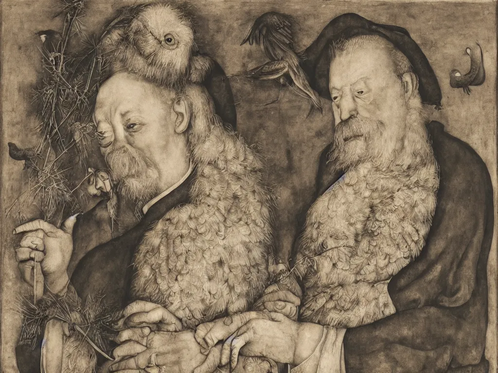 Prompt: Old man with crane bird. Portrait by Lucas Cranach, Roger Ballen