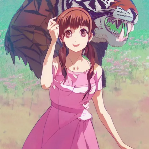 Image similar to a tiger wearing a pink dress, illustration concept art anime key visual trending pixiv fanbox by wlop and greg rutkowski and makoto shinkai and studio ghibli and kyoto animation symmetrical facial features