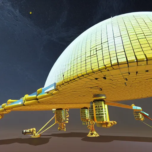 Image similar to a technical blueprint, voxel based world, space mining station on the surface of mars, myriad of interconnected yellow drop pod structures, connected via tubes