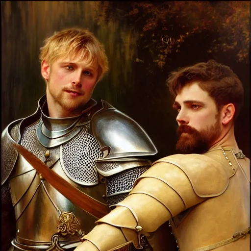 Image similar to attractive arthur pendragon and his attractive male knight, they are in love, natural lighting, path traced, highly detailed, high quality, digital painting, by gaston bussiere, craig mullins, alphonse mucha j. c. leyendecker