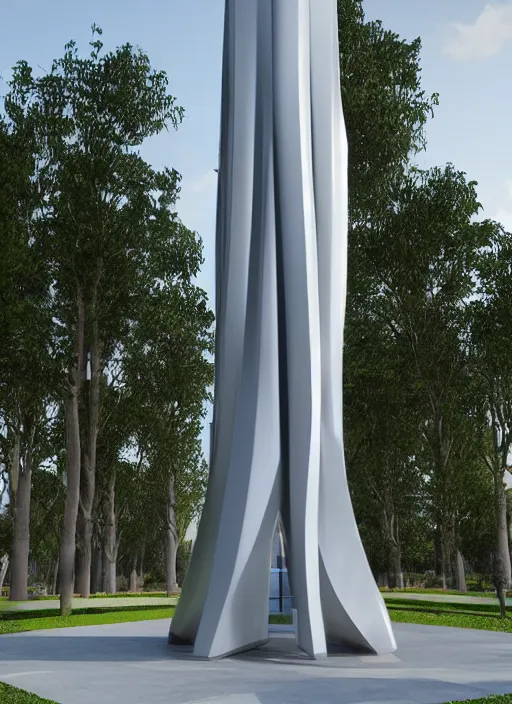 Image similar to highly detailed realistic architecture 3 d render of a futuristic tall stele monument in zaha hadid style standing in city park, archdaily, made in unreal engine 4 octane render