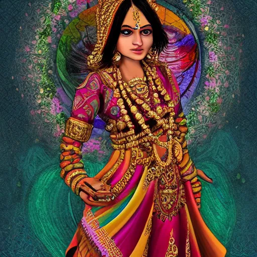 Image similar to indian hindu woman in an intricate beautiful dress, ornate, psychedelic, trending on artstation