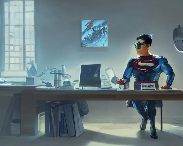 Image similar to an insanely detailed painting of a nerdy asian man wearing a superhero costume, sitting at a desk, staring at the nervously at the computer and typing, in the style of peter mohrbacher, dramatic lighting and composition, octane render, pixar, trending on artstation, concept art, comic book, view from behind