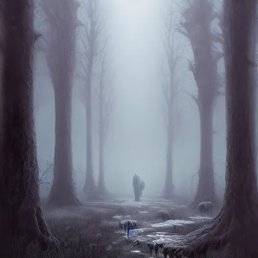 Image similar to A beautiful but eerie forest, shrouded in mist that is filled with scary glowing monsters, in the style of Keith Thompson and Zdzislaw Beksinski, Artstation HD, 8k, Surrealistic digital artwork,