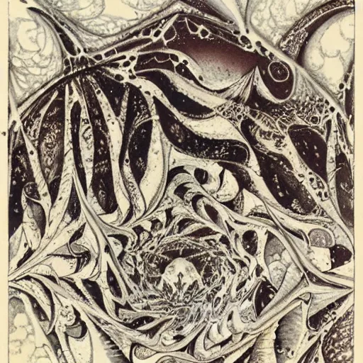 Image similar to cat as a fractal distortion, lithograph, watercolors, ink, M.C. Escher, moebius