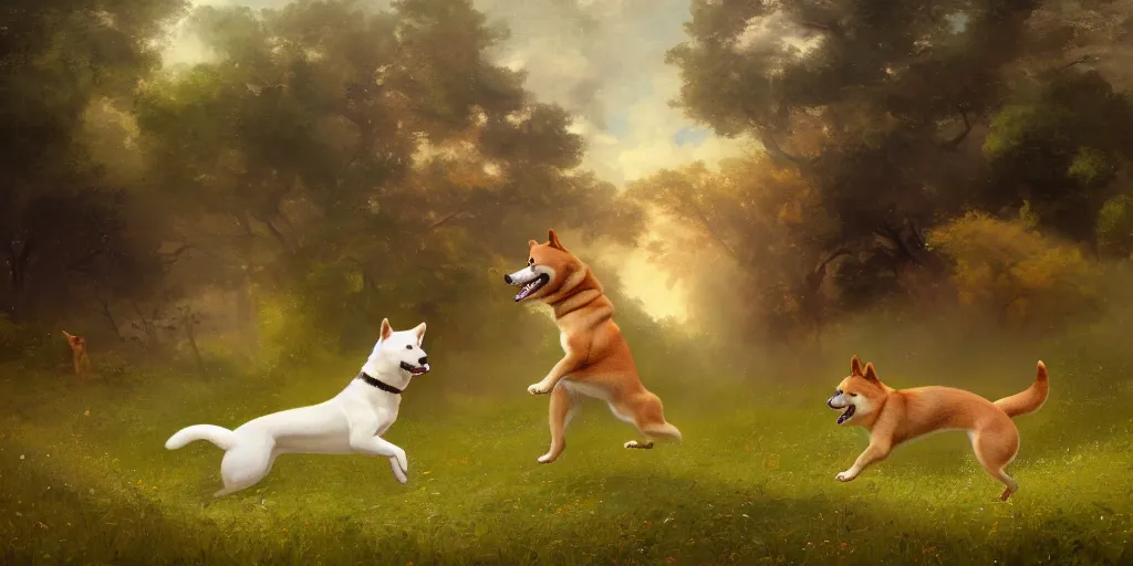 Prompt: a shiba inu fighting a dog on a path in a field, greek mythology, extremely detailed digital painting, in the style of goya and ruan jia and jeremy lipking and peter mohrbacher, mystic colors, edge light, beautiful lighting, 4 k, dazzling scene, ray tracing, octane, trending on artstation