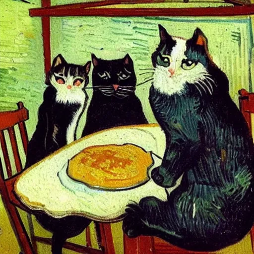 Image similar to cats making pancakes, oil painting, by vincent van gogh