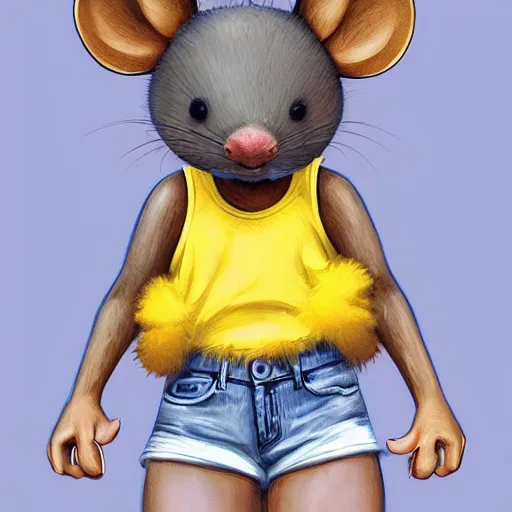 Image similar to anthropomorphic mouse wearing denim short shorts and yellow tank top, highly detailed, artgerm style, artstation, soft light, sharp focus, illustration, character design, concept art