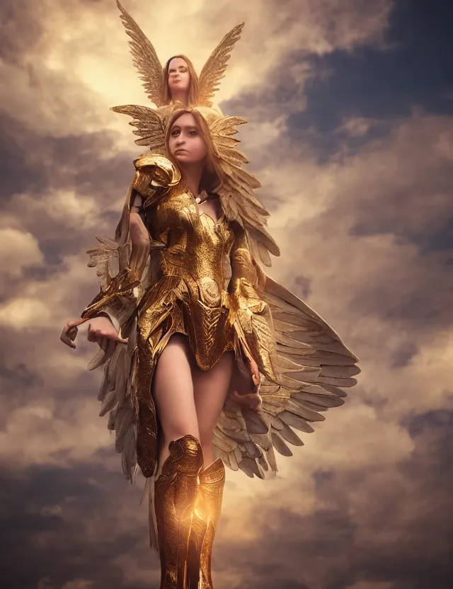 Prompt: Portrait of a fierce beautiful woman in angelic battle armor and wings, among the clouds, golden hour photography, cinematic, epic, 4k, stylized, hyperrealistic