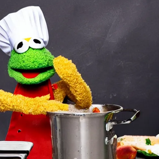 Prompt: italian chef cooking a muppet in a pot