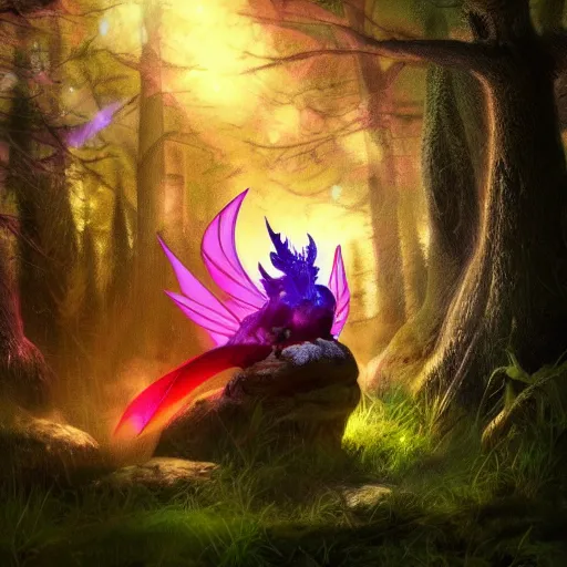 Image similar to brightly lit fairy dragon in a dim dark forest colorful 4 k path traced high definition detailed artstation realistic trending dramatic lighting