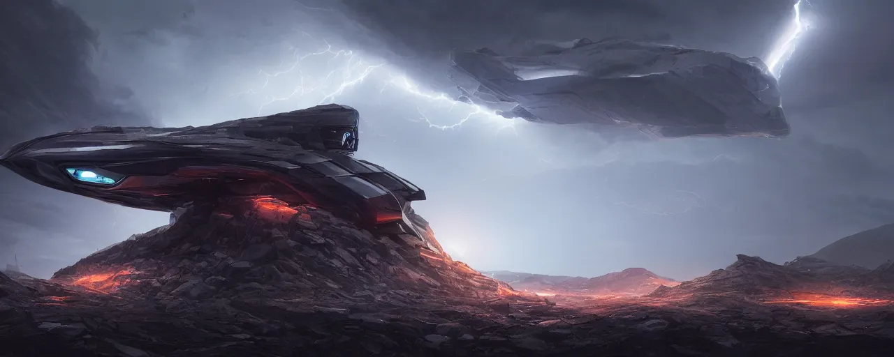 Image similar to an image of an obsidian alien ship in the night on a mountain with crimsom headlights by Paul Chadeisson, atmospherical, heavy storm, lightnings , concept art, high detail, intimidating , cinematic, dramatic, Artstation trending, octane render