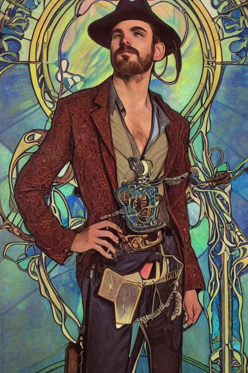 Prompt: a dramatic ethereal epic symmetrical painting of a handsome!! villainous cowboy standing in front of railroad tracks | his shirt is unbuttoned and he has a pocketwatch | tarot card, art deco, art nouveau, steampunk, homoerotic, realistic | by louis comfort tiffany and alphonse mucha | trending on artstation