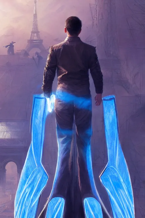 Image similar to a man from behind with a pair of blue vapor energy wings soaring through futuristic paris, 4 k, shimmering color, cinematic light, hyper detailed, art by greg rutkowski and magali villeneuve and artgerm