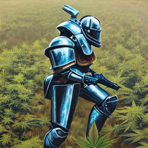 Image similar to an high detailes acryl painting of a full armored knight, squatting in a field of cannabis plants, colorfull, trending on artstation