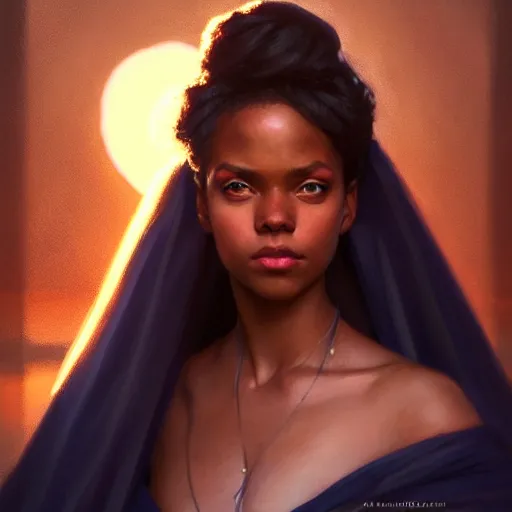 Prompt: a Photorealistic dramatic hyperrealistic bright blue eyes, African American elegant girl, black hair, white veil,by WLOP,Artgerm,Greg Rutkowski,Alphonse Mucha, Beautiful dynamic dramatic bright sunset lighting,shadows,cinematic atmosphere,Artstation,concept design art,Octane render,8k