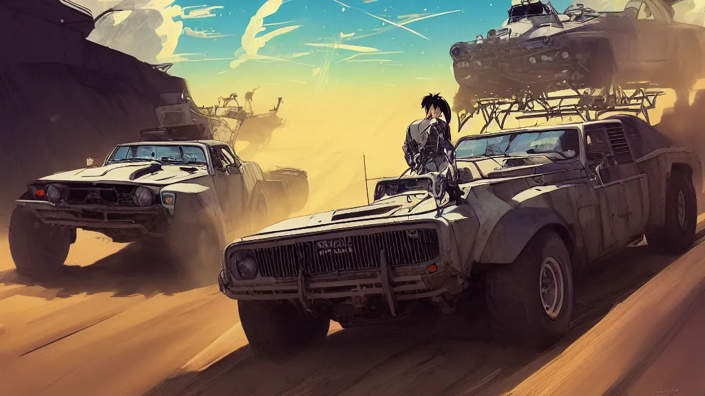 Image similar to digital illustration of mad max's fj 4 0 pursuit special, the last v 8 interceptor driving down to the gates of valhalla highway in the middle of the day, anime style, year 2 0 9 3, by makoto shinkai, ilya kuvshinov, lois van baarle, rossdraws, basquiat, studio ghibli