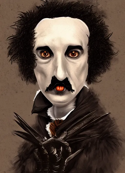 Image similar to an anthropomorphic raven dressed as edgar allen poe, detailed digital art, trending on artstation