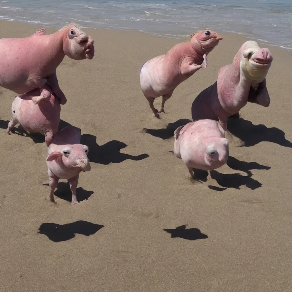 Prompt: a blobfish riding a llama on the beach