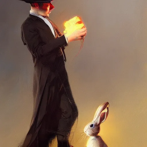 Image similar to a magician pulling a hat out of a rabbit painted by greg rutkowski wlop