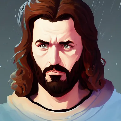 Image similar to portrait of jesus christ as a member of kiss the rock band, mattepainting concept blizzard pixar maya engine on stylized background splash comics global illumination lighting artstation lois van baarle, ilya kuvshinov, rossdraws