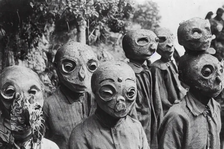 Image similar to vintage photo of villagers wearing weird masks, eerie, bizarre, highly detailed shot, dramatic 8 k uhd