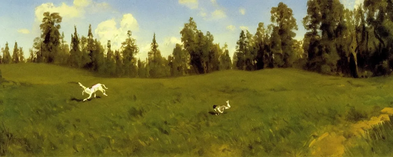 Prompt: disney illustrated background of white fence running along a grassy field by eugene von guerard, ivan shishkin, john singer sargent