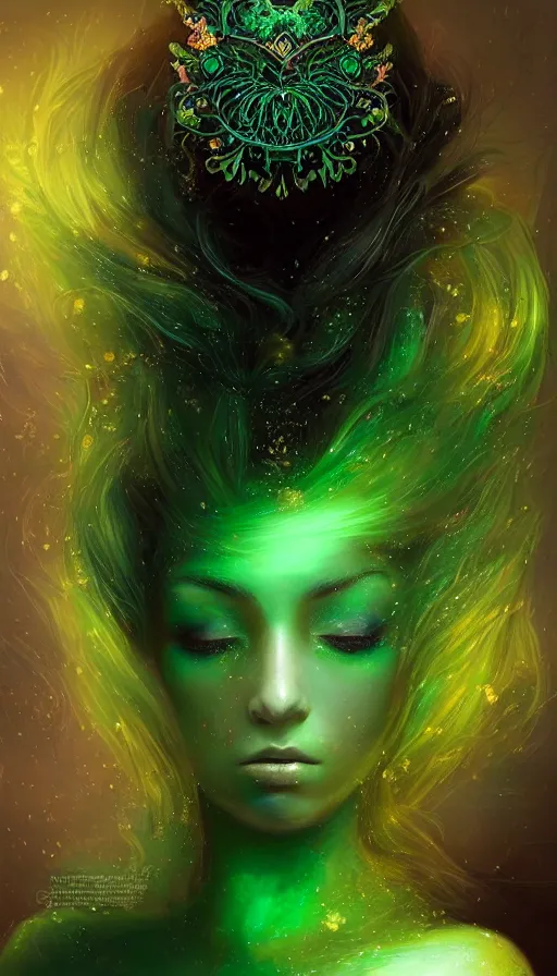 Image similar to unique portrait of magical green ork female , dark fantasy, gradient green black, dreamy and ethereal, (colour) eyes, one head, golden ratio, peaceful expression, ornate frilly dress, fantasy, intricate, elegant, rainbow bubbles, highly detailed, digital painting, artstation, concept art, smooth,b sharp focus, illustration, art by artgerm and greg rutkowski and alphonse mucha