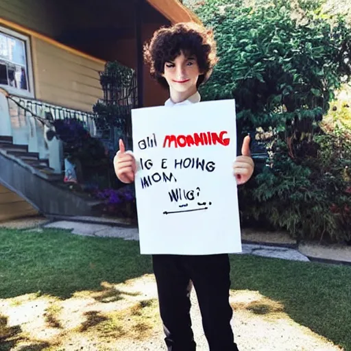 Prompt: A Instagram photo of Finn Wolfhard holding a sign saying “Good Morning”