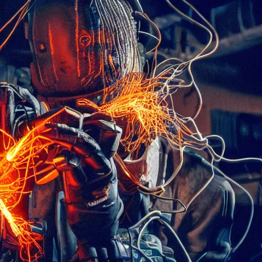 Image similar to cyborg with gatlinger gun hands, tangles of metallic cables, dark messy smoke - filled cluttered workshop, dark, dramatic lighting, orange tint, sparks, plasma charges, cinematic, highly detailed, sci - fi, futuristic, movie still