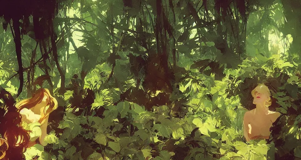 Image similar to beautiful jungle, dappled light, intricate, elegant, highly detailed, greg manchess, mucha, liepke, ruan jia, jeffrey catherine jones, ridley scott