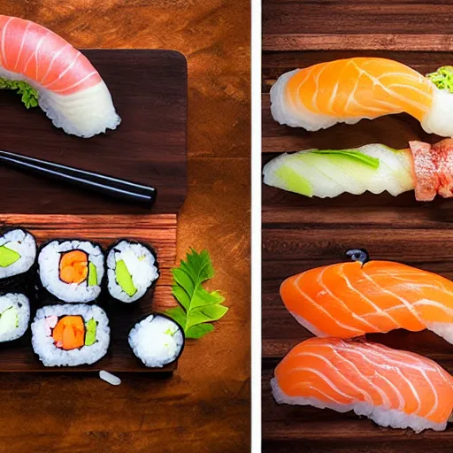 Image similar to various nigiri on a wooden board, sushi galore, food photography in the style of Beksinski