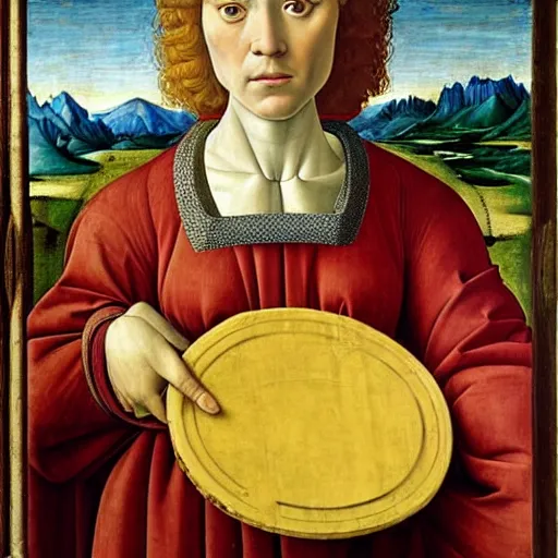 Image similar to beautiful renaissance painting portrait of a gouda cheese wheel by sandro botticelli, jan van eyck, tiziano vecelli, piero della francesca