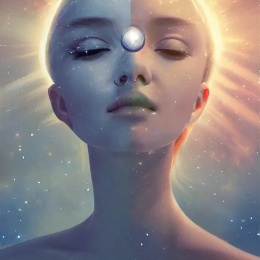 Prompt: sci - fi, close - up, 3 d, moon rays, stars, fashion model face closed eyes, cinematic, clouds, sun rays, poster art, blue mood, realistic painting, intricate oil painting, high detail illustration, figurative art, multiple exposure, water, 3 d, by tooth wu and wlop and beeple and greg rutkowski