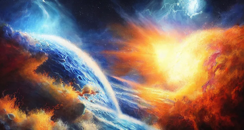 Prompt: award winning realistic painting, beautiful lighting, planet of water crashing into a planet of fire, bright explosion