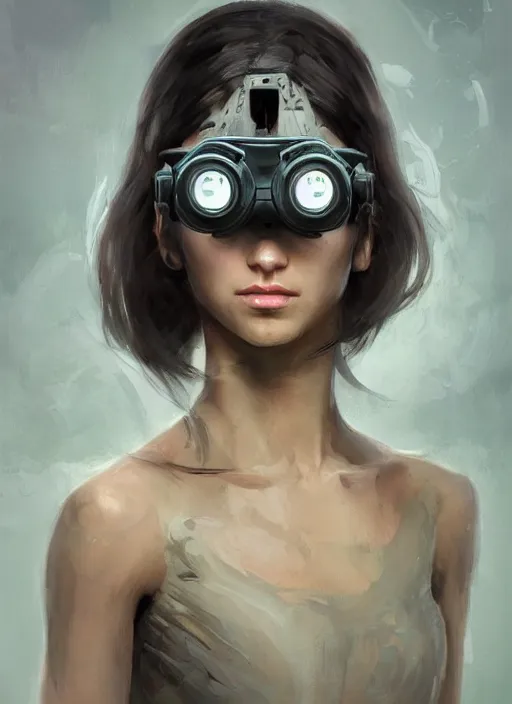 Prompt: a professional painting of a beautiful young female, clothed in stealth armor, compact nightvision goggles, olive skin, long dark hair, beautiful bone structure, symmetrical facial features, intricate, elegant, digital painting, concept art, smooth, sharp focus, illustration, from Metal Gear, by Ruan Jia and Mandy Jurgens and Artgerm and William-Adolphe Bouguerea