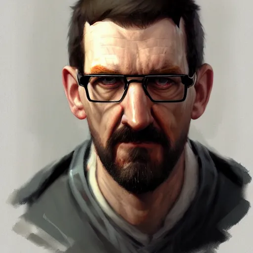 Prompt: a portrait of gordon freeman by Krenz Cushart, high detail, concept art, artstation, 8k