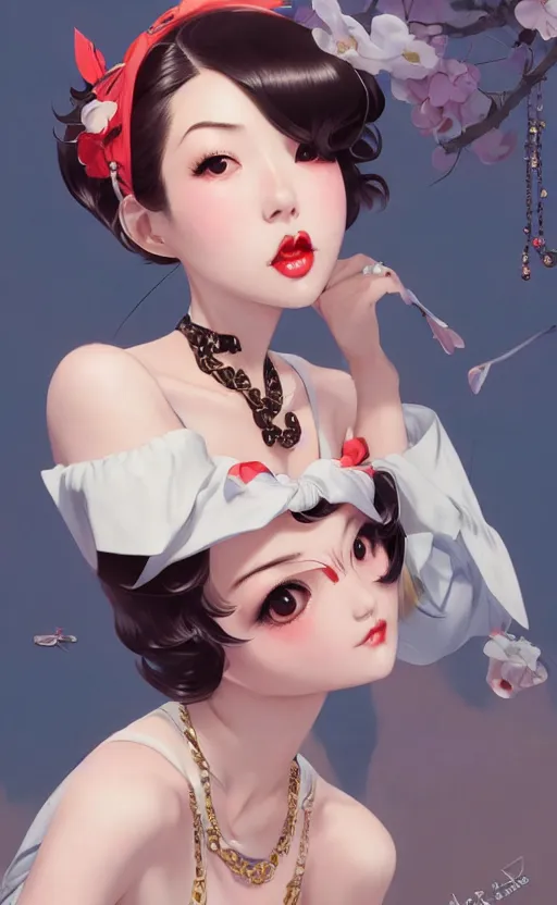 Image similar to a pin up and beautiful fashion and charming and dreamlke japan girl with lv jewelry, character art, art by artgerm lau and kyoung hwan kim and and ilya kuvshinov and john singer sargent, hyperdetailed, 8 k realistic, symmetrical, frostbite 3 engine, cryengine, dof, trending on artstation, digital art