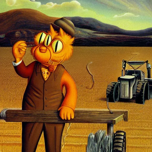 Image similar to surrealist painting of garfield as a farmer, high detail