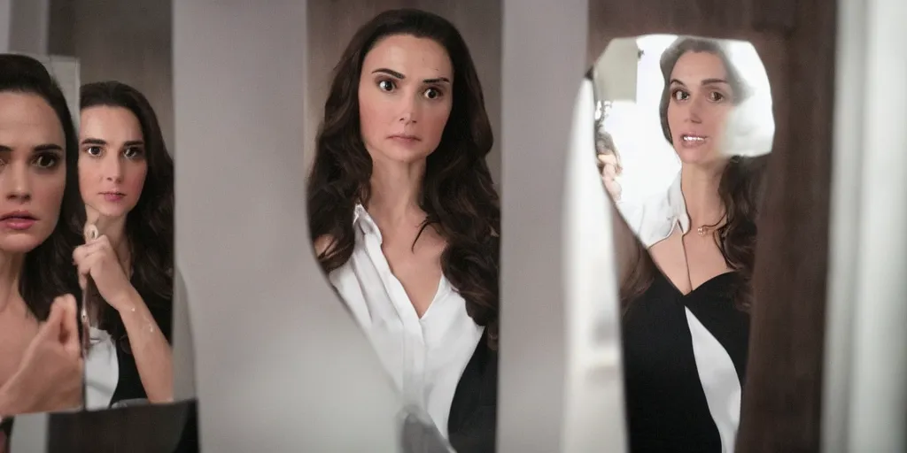 Prompt: ultra wide angle photo of torrey devito dressed in a white blouse and black dress pants as diana prince looking at herself in a bathroom mirror and seeing her reflection as wonder woman