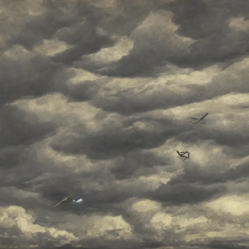Prompt: zepplins flying in the sky just as a storm is coming in, dramatic lighting, 1905, highly detailed oil on canvas, by Arkhip Kuinji