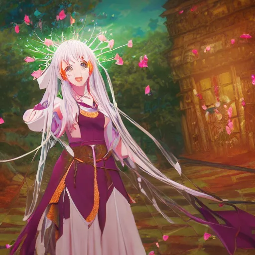 Image similar to portrait of lady avalon the mage of flowers chanting a beautiful spells, anime fantasy illustration by tomoyuki yamasaki, kyoto studio, madhouse, ufotable, square enix, cinematic lighting, trending on artstation