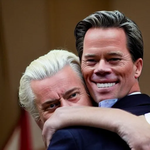 Prompt: mark rutte hugging geert wilders