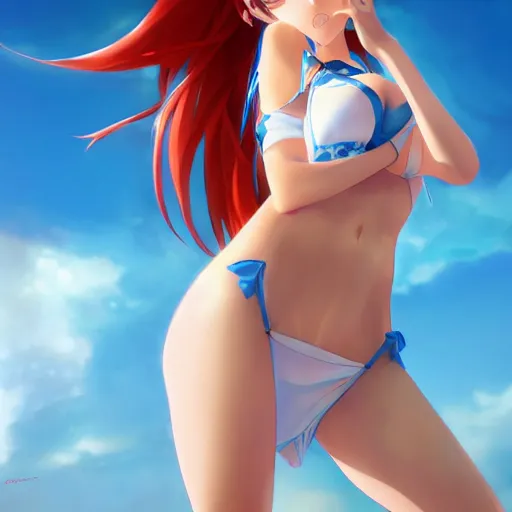 Image similar to a very beautiful mature yuuki asuna, full body, long wavy red hair, sky blue eyes, full round face, bikini, miniskirt, front view, mid - shot, cute pose, highly detailed, cinematic wallpaper by stanley artgerm lau