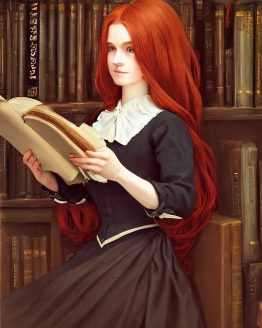 Image similar to a portrait of a victorian maid with long, flowing, auburn hair, detailed face, large eyes, standing in a victorian reading room, window, short bookshelf, holding a stack of books, vivid colors, soft lighting, atmospheric, cinematic, moody, in the style of Ilya Kuvshinov and Range Murata, Krenz Cushart, oil on canvas, anime, 8K