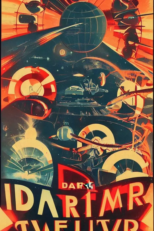 Image similar to poster of intergalactic war, 1 9 5 0 s style, futuristic design, dark, symmetrical, washed out color, centered, art deco, 1 9 5 0's futuristic, glowing highlights, intense