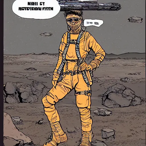 Prompt: illustration of butch tomboy stoic emotionless square - jawed heroic blonde woman wearing patched ripped dirty flight suit, staggering across desert on hostile extraterrestrial planet, pen and ink, ron cobb, mike mignogna, comic book, black and white, science fiction, punk, grunge, used future, illustration, comic book cover, - ar 1 6 : 9